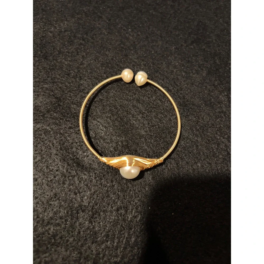 Handmade Gold Wire Wrapped Pearl Cuff Bracelet Open Bangle Cream Pearl Accent